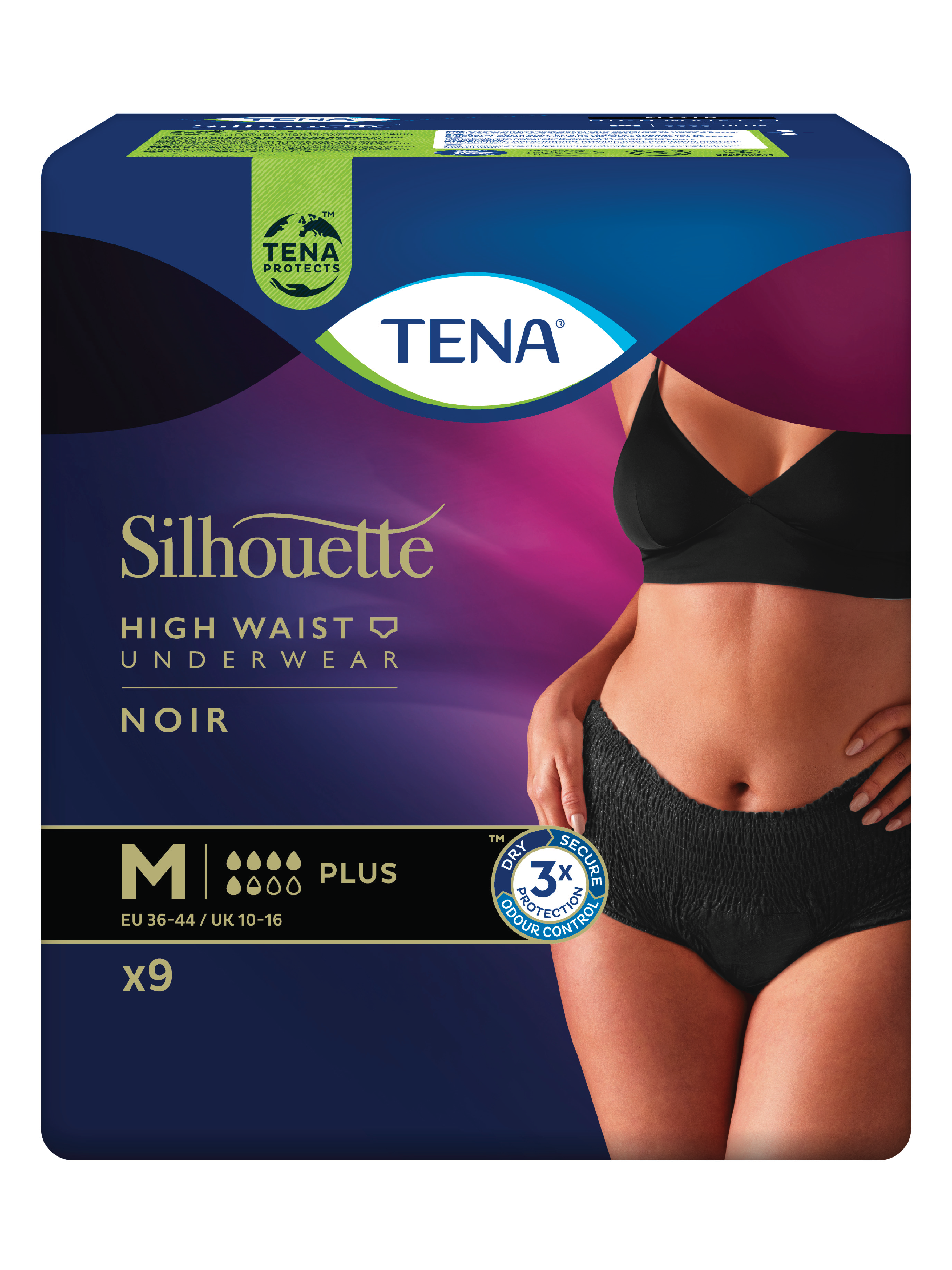 Tena Silhouette Plus High Waist Black, Medium, sort, 9 stk