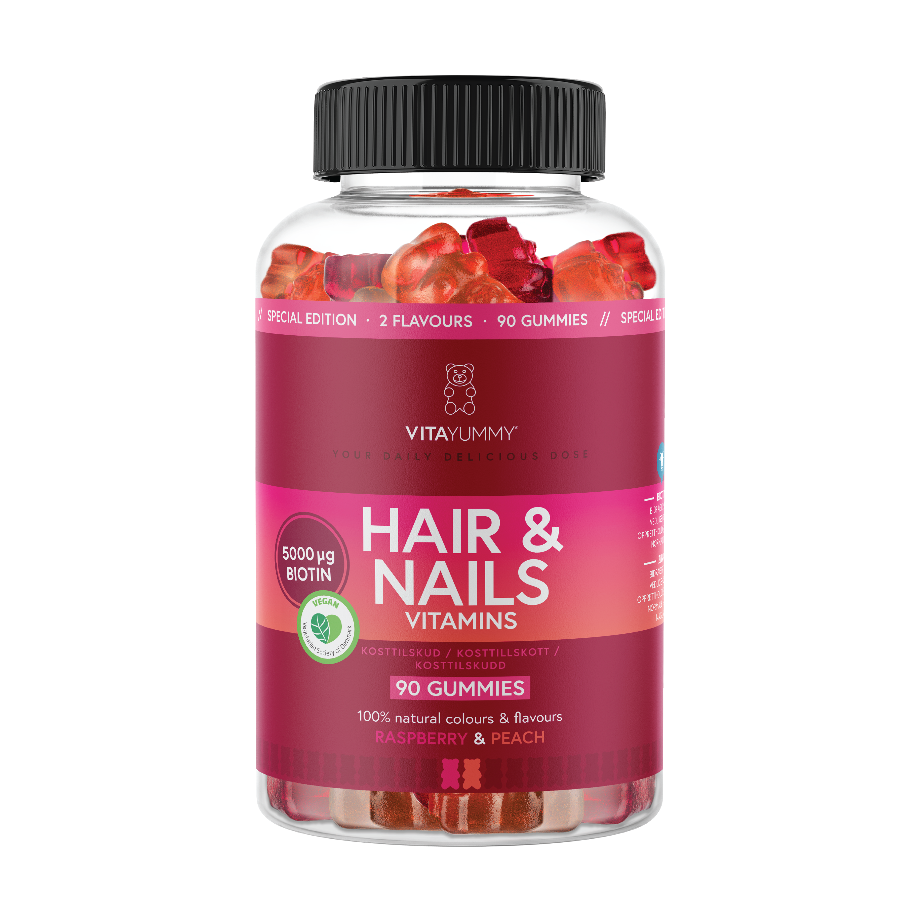 VitaYummy Hair & Nails Vitamins, Bringebær & fersken, 90 stk.